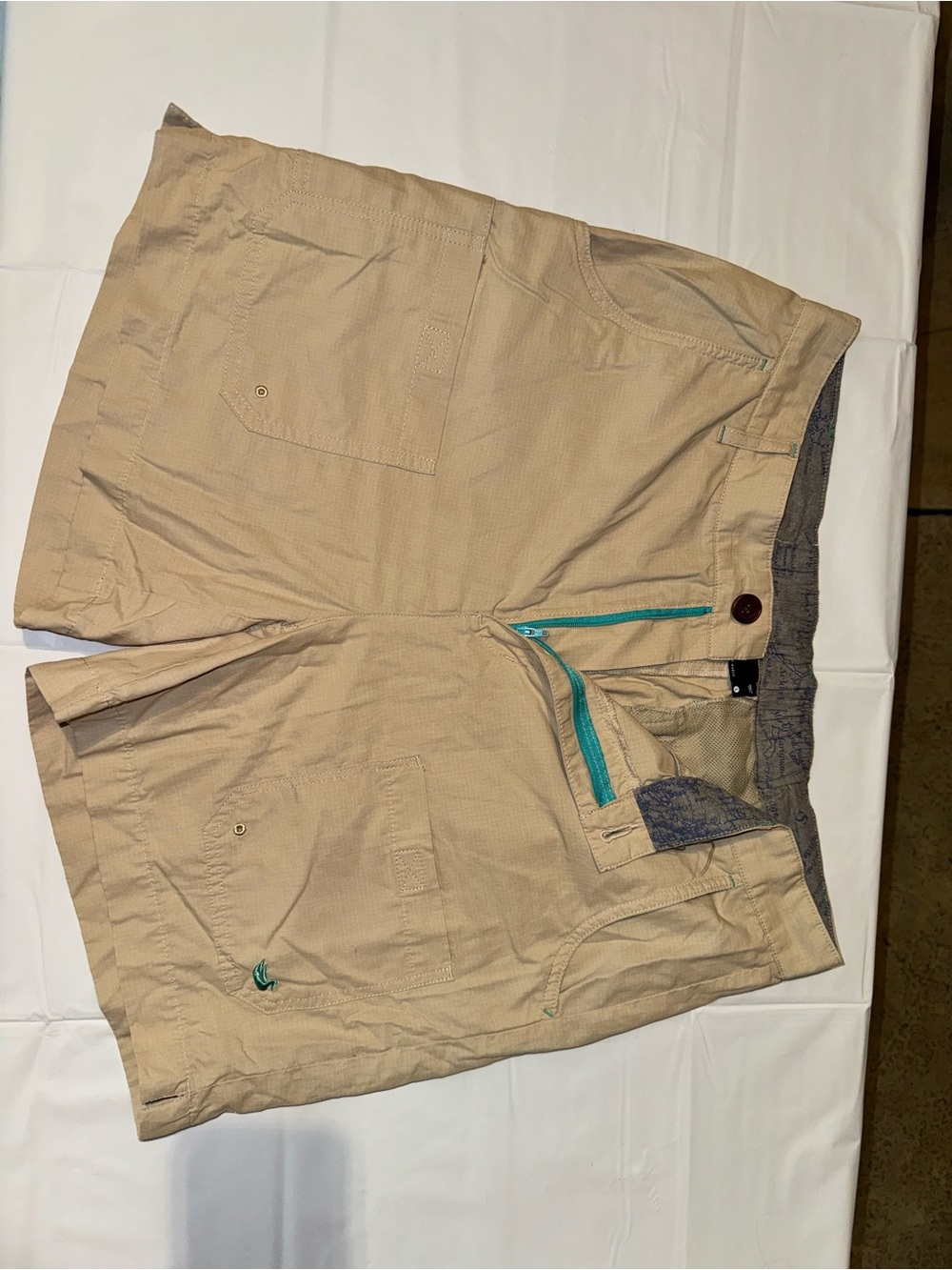 Southern Marsh Beige Cargo Shorts with Teal Zipper Accents